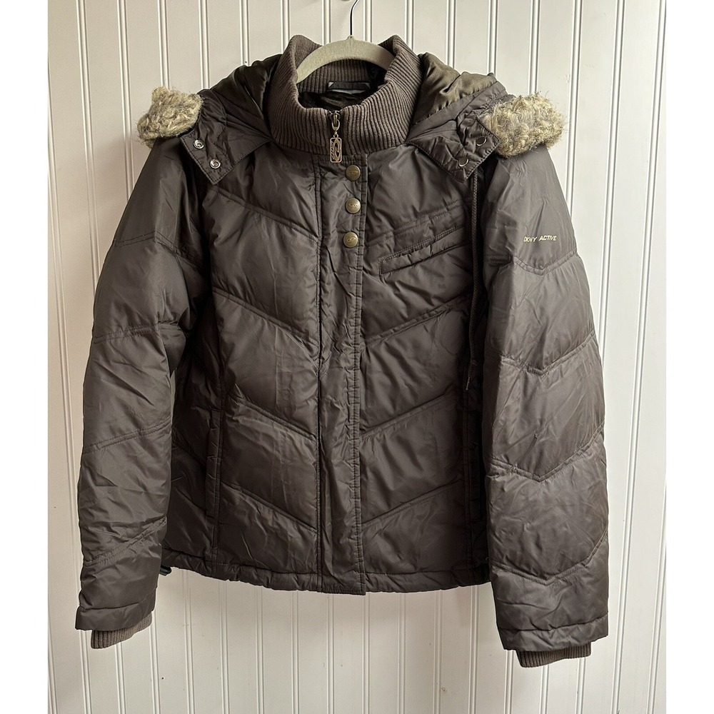 DKNY Active Women Down Feather Removable Faux Fur Hooded Puffer Jacket M/P